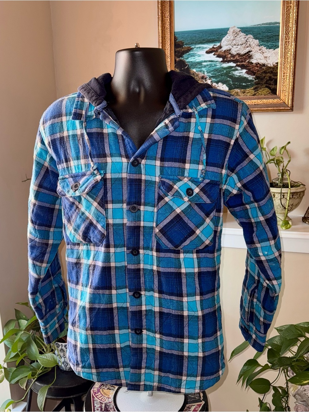 Y2K Op Ocean Pacific Blue Plaid Hooded Jacket shirt L